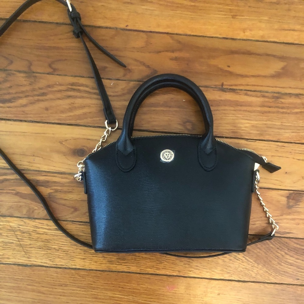 Anne Klein Black Lizard Embossed Mini Satchel Crossbody Bag Gold Hardware